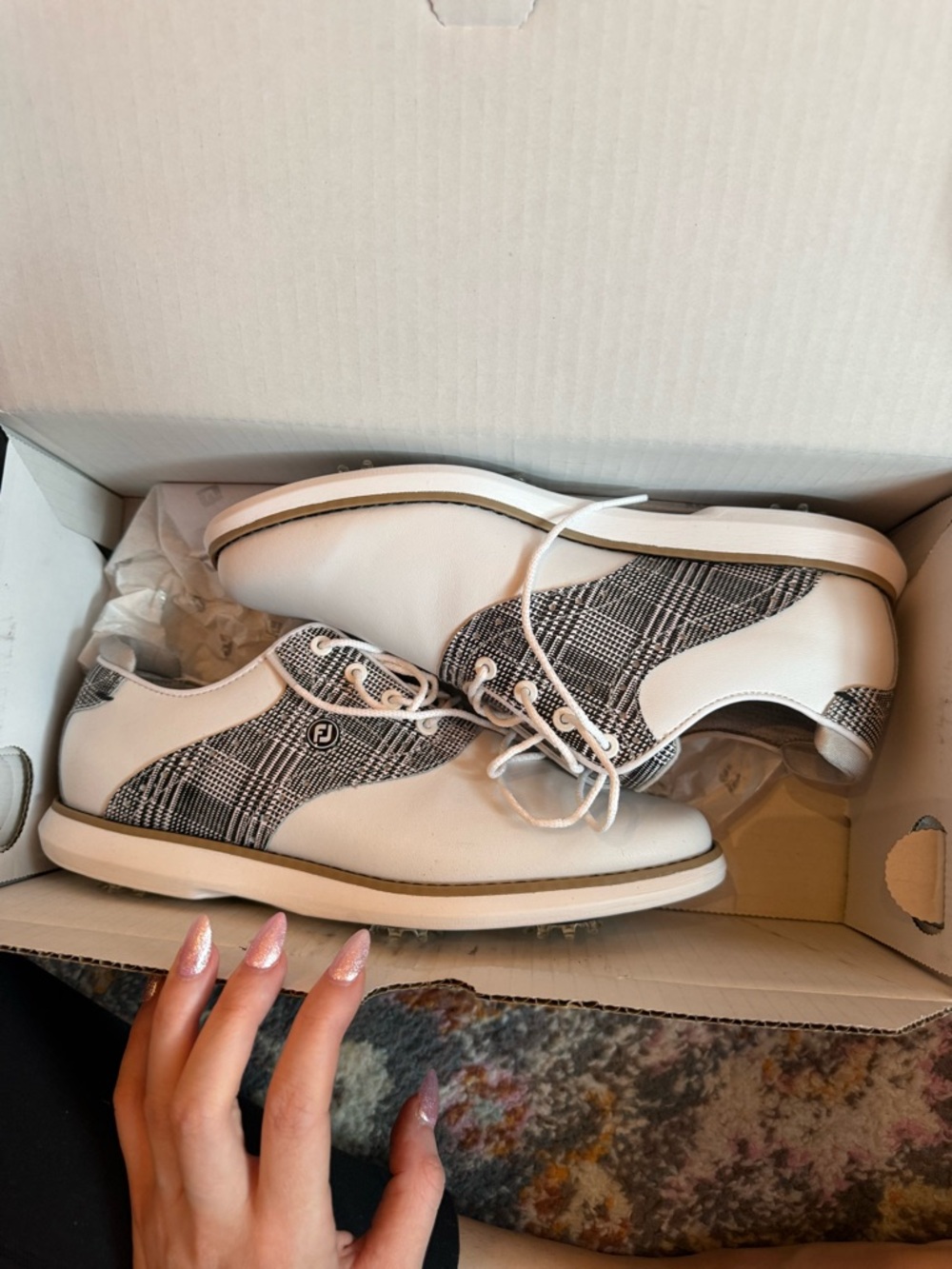 FootJoy Women's White and Black Plaid Lace-Up Golf Shoes
